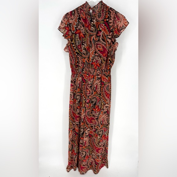 Cynthia Steffe boho fairy Western whimsy Red and Black Paisley ruffle Jumpsuit - Picture 2 of 6